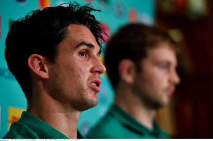 Ireland Media Access Joey Carbery during an Ireland Rugby press conference at the Grand Hyatt in Fukuoka, Japan. Photo by Brendan Moran/Sportsfile