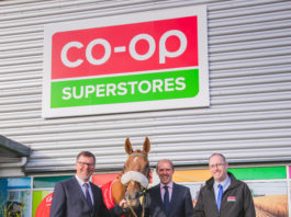 Pictured ahead of the Co-Op Superstores Raceday at Cork Racecourse Mallow on Sunday 20th October are John O’ Carroll, Head of Retail at Dairygold, Andrew Hogan, Cork Racecourse Manager, Pat Daly, Manager Co-Op Superstores Mallow & Racehorse Drawn N Drank