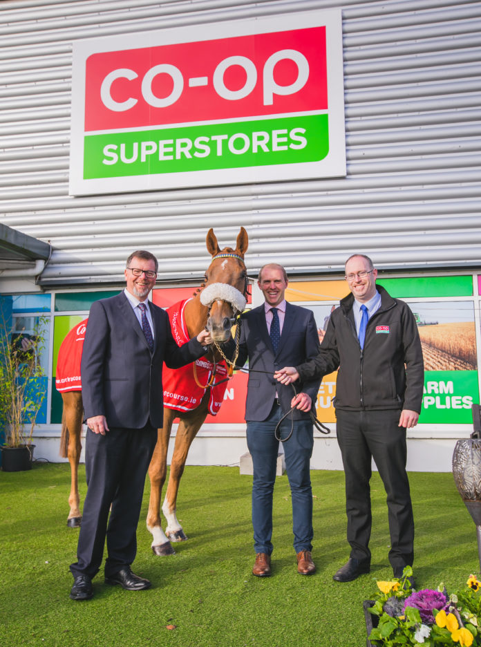 Pictured ahead of the Co-Op Superstores Raceday at Cork Racecourse Mallow on Sunday 20th October are John O’ Carroll, Head of Retail at Dairygold, Andrew Hogan, Cork Racecourse Manager, Pat Daly, Manager Co-Op Superstores Mallow & Racehorse Drawn N Drank