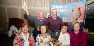 There were jubilant celebrations at the Limerick Going For Gold grand final this evening (Tuesday 08 October 2018) as the South Limerick village of Ardpatrick was named as overall winners of the Limerick Going For Gold competition for 2019. Fresh from their Bronze Medal in the National Tidy Towns last week, the party continued as judges awarded Ardpatrick with the top prize in the Going For Gold competition. Pictured are members of the Ardpatrick Tidy Towns Committeee celebrating their win, front row left to right, Eileen O'Sullivan, Peggy Lee, Ann McGrath and Catherine Herbert, back row left to right, David Best and Pat Casey. Photo by Alan Place