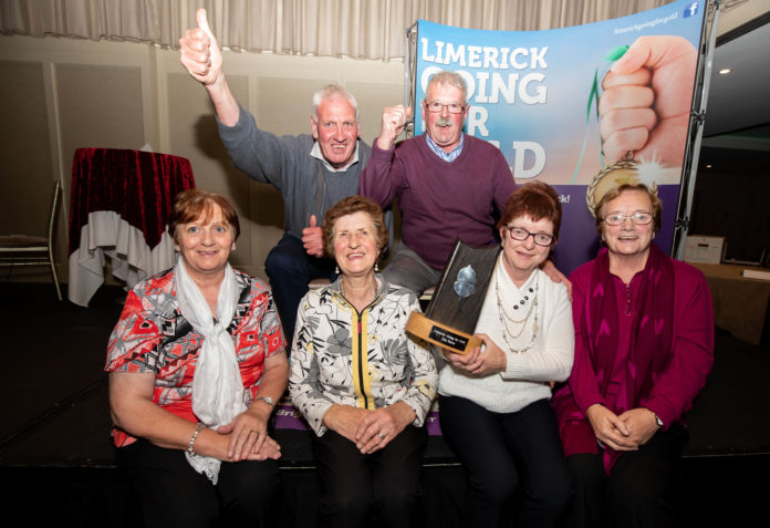 There were jubilant celebrations at the Limerick Going For Gold grand final this evening (Tuesday 08 October 2018) as the South Limerick village of Ardpatrick was named as overall winners of the Limerick Going For Gold competition for 2019. Fresh from their Bronze Medal in the National Tidy Towns last week, the party continued as judges awarded Ardpatrick with the top prize in the Going For Gold competition. Pictured are members of the Ardpatrick Tidy Towns Committeee celebrating their win, front row left to right, Eileen O'Sullivan, Peggy Lee, Ann McGrath and Catherine Herbert, back row left to right, David Best and Pat Casey. Photo by Alan Place
