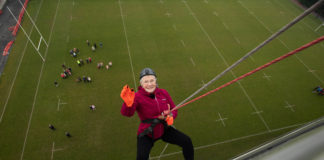 Angela O'Mahony abseiling from Thomond Park to raise much needed funds for the Children's Grief Centre and the Redemptorists Christmas Hamper Appeal. Pic Sean Curtin True Media.