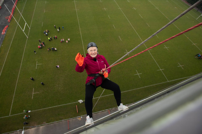 Abseil for Angela LIMK 0010 Angela O'Mahony abseiling from Thomond Park to raise much needed funds for the Children's Grief Centre and the Redemptorists Christmas Hamper Appeal. Pic Sean Curtin True Media.