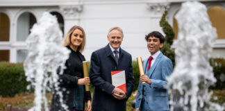 Pictured at University of Limerick for the The 2019 All Ireland Scholarships awards ceremony were scholarship recipients, Maeve Quirke, Templeglantine, Co. Limerick and Diego Brule, Galway with Guest of Honour Joe Schmidt. Photo by Alan Place.