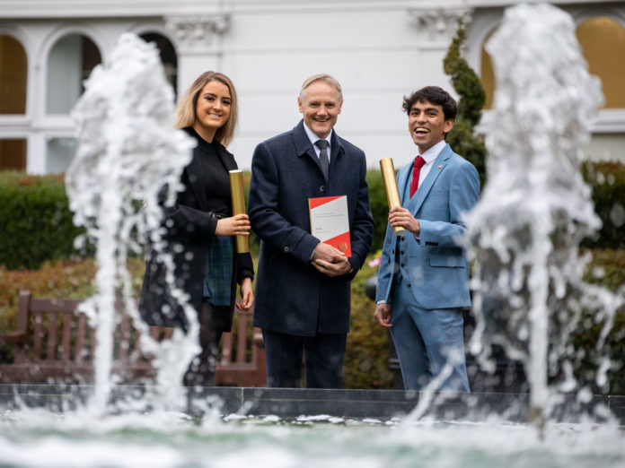 Pictured at University of Limerick for the The 2019 All Ireland Scholarships awards ceremony were scholarship recipients, Maeve Quirke, Templeglantine, Co. Limerick and Diego Brule, Galway with Guest of Honour Joe Schmidt. Photo by Alan Place.