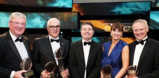 Finance Minister Paschal Donohoe (centre) with award winners Pat McDonagh, Richard Kennedy, Triona Mullane and special award winner Joe Schmidt. Photo: Maxwells