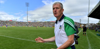 Limerick manager John Kiely celebrates at the final whistle of the Munster GAA Hurling Senior Championship Final match between Limerick and Tipperary at LIT Gaelic Grounds in Limerick. Photo by Brendan Moran/Sportsfile