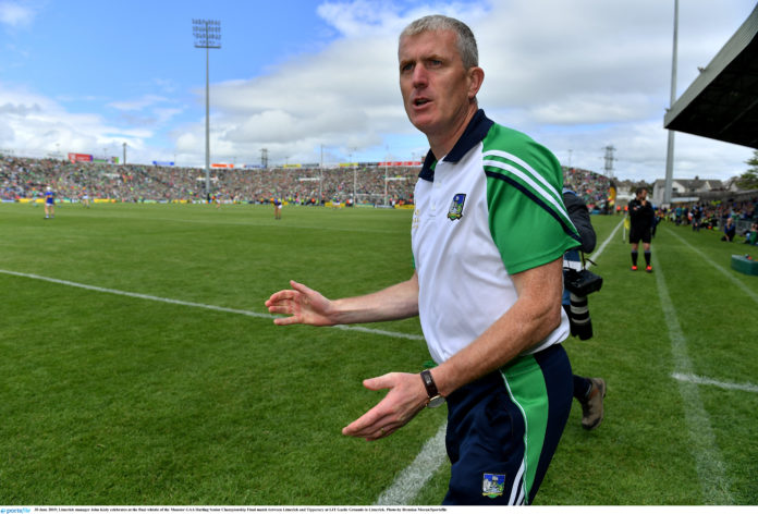 Limerick manager John Kiely celebrates at the final whistle of the Munster GAA Hurling Senior Championship Final match between Limerick and Tipperary at LIT Gaelic Grounds in Limerick. Photo by Brendan Moran/Sportsfile