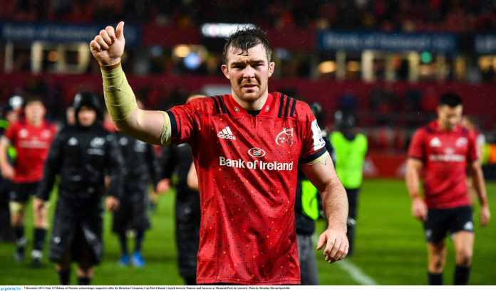 Peter O'Mahony of Munster acknowledges supporters after the Heineken Champions Cup Pool 4 Round 3 match between Munster and Saracens at Thomond Park in Limerick. Photo by Brendan Moran/Sportsfile