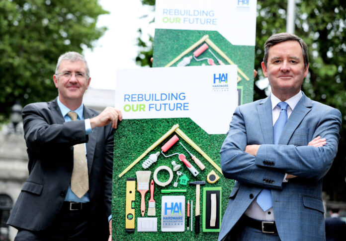 Martin Markey (left) CEO with Hardware Association Ireland (HAI) President Sean Moran launching Rebuilding Our Future outside Leinster House in Dublin.Pic Maxwells Dublin