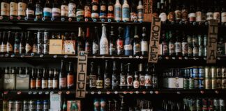 labeled glass bottles on shelf