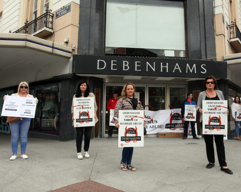Debenhams workers continue protest as premises goes on sale
