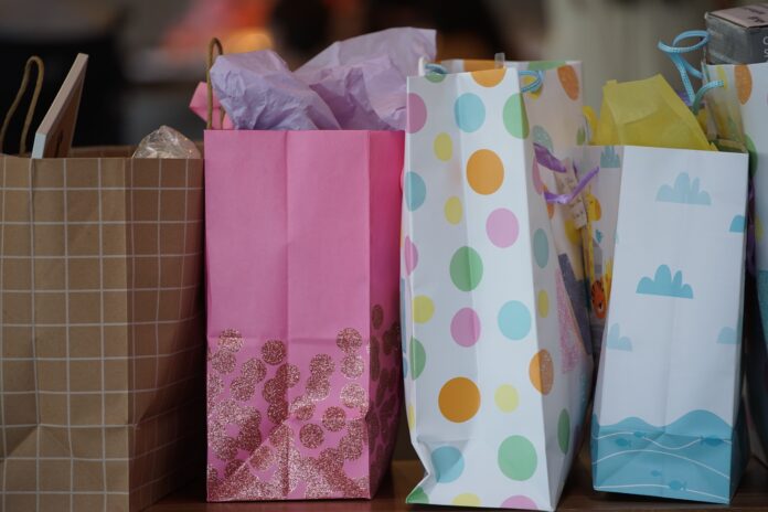 pink white and yellow polka dot paper bag