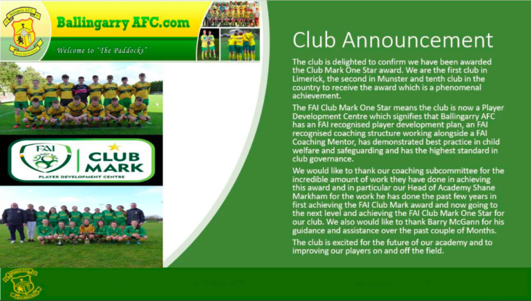 Ballingarry Presented with Club Mark One Star Award