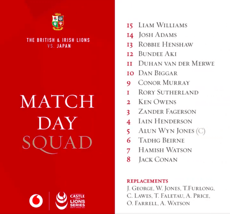 Six Irish players named in Lions starting team to face Japan