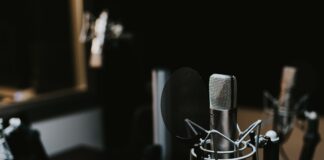 macro photography of silver and black studio microphone condenser