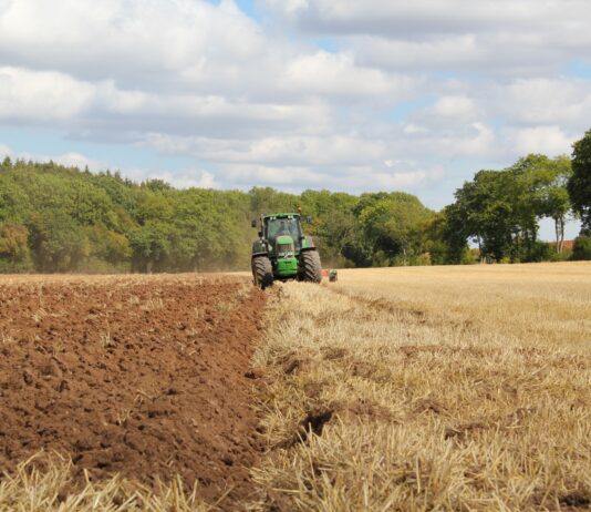 green tractor farming in field