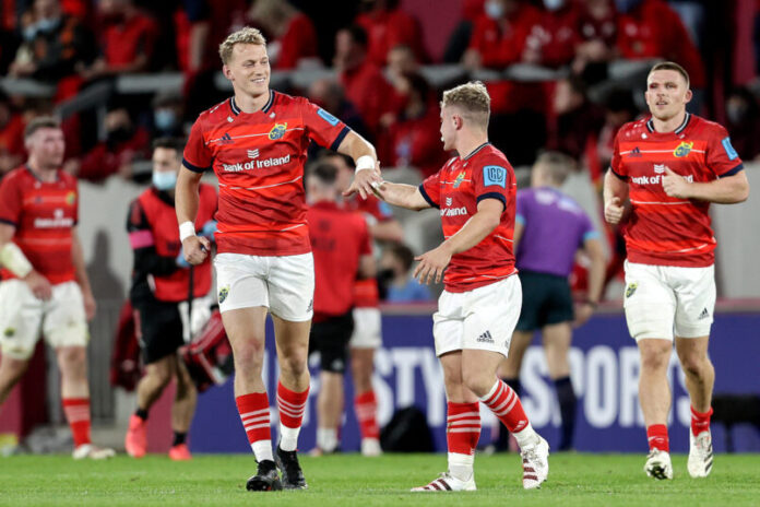 Craig Casey celebrates scoring a try with Mike Haley 25/9/2021