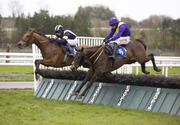 Alpesh Amin (left) hold a narrow advantage over Teescomponentsyess as he wins for trainer Eric McNamara and Mark McDonagh at Limerick on Thursday. Photo Patrick McCann Racing Post
