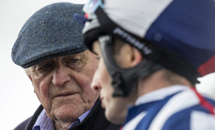 Kevin Prendergast, on the eve of his 91st birthday, chats with winning jockey Chris Hayes after the success of Profit Refused at Roscommon. Photo by Patrick McCann of the Racing Post