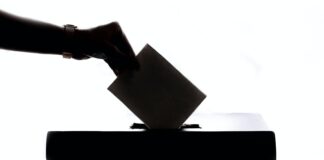 a person is casting a vote into a box