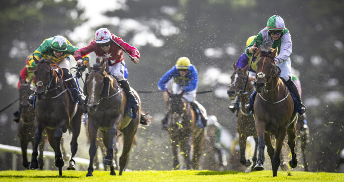 web Teed Up (right) and Ray Barron on their way to winning at Galway on Monday for owner Annette Mee and trainer Emmet Mullins. Photo by Patrick McCann, Racing Pos