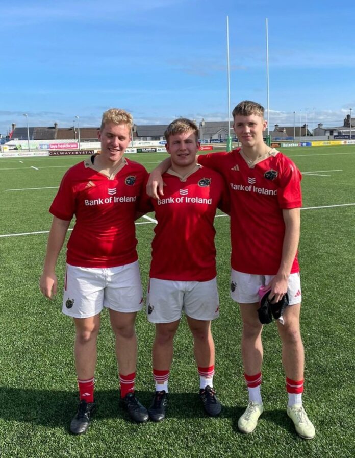 Garryowen trio Mark Fitzgerald, Harry Gleeson and Tom Wood who featured with Munster U19s in their weekend win against Connacht.
