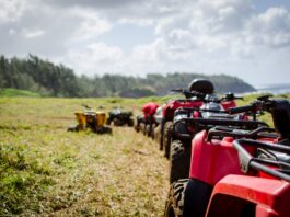 focus photography of ATV's falling in line on grass field