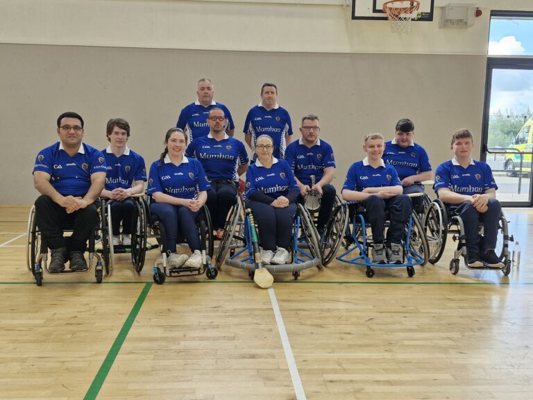 Wheelchair hurling action at Mary I