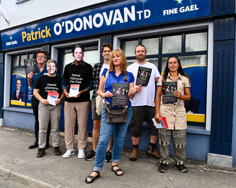 Protesters don Elon Musk and Mark Zuckerberg masks outside Media Minister’s Limerick offices